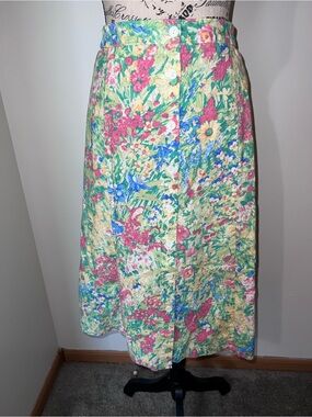Vintage The Tog Shop Floral Button Front Midi Skirt Cottagecore Bright M / L